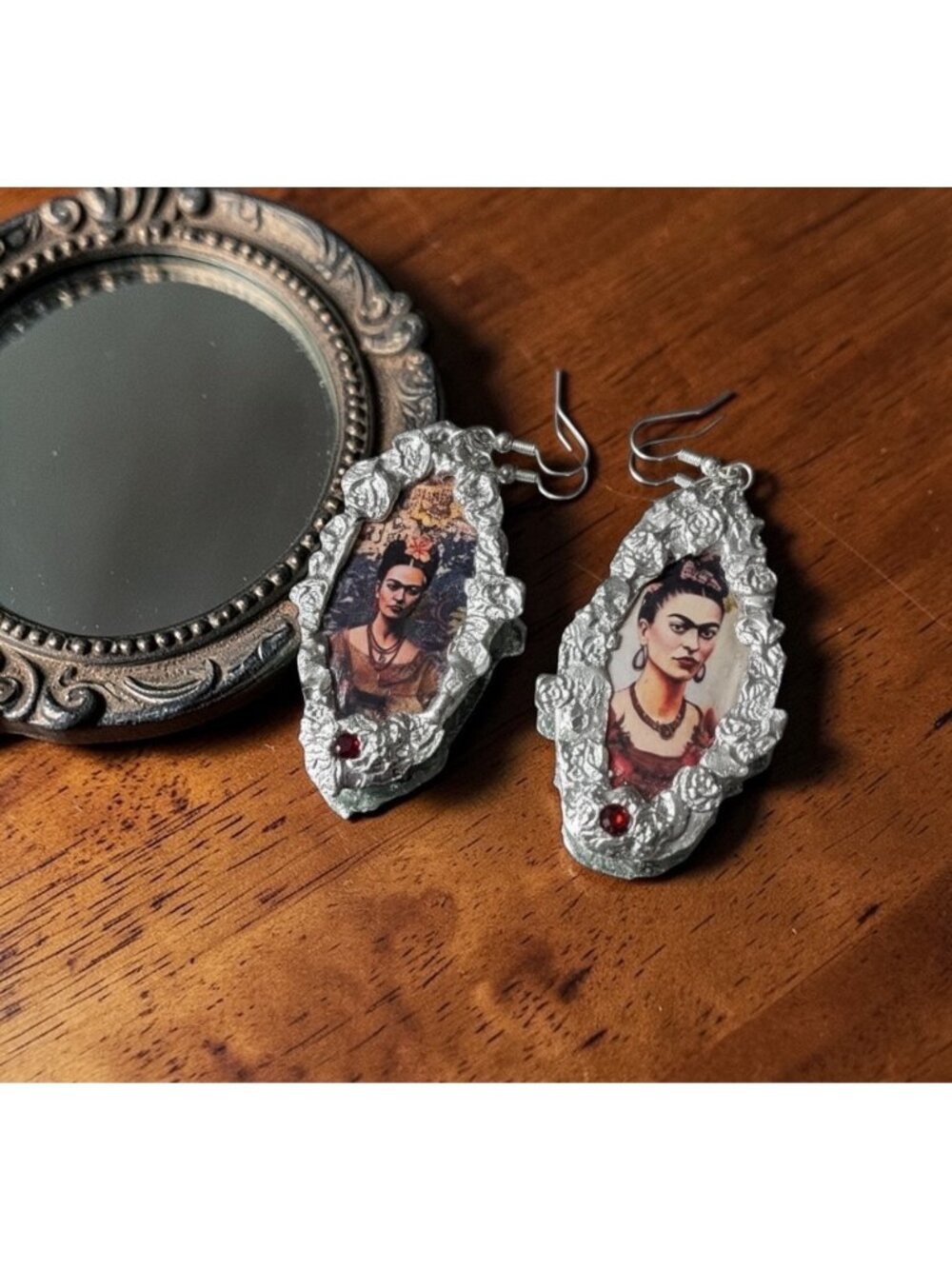 Echoes of Frida: Handcrafted Portrait Drop Earrings w/ Hessonite & Black Garnet - Picture 10 of 16
